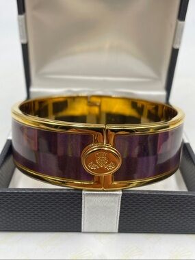 Rare Retired MacKenzie-Childs Bittersweet Purple Check Gold Cuff Bangle with Box